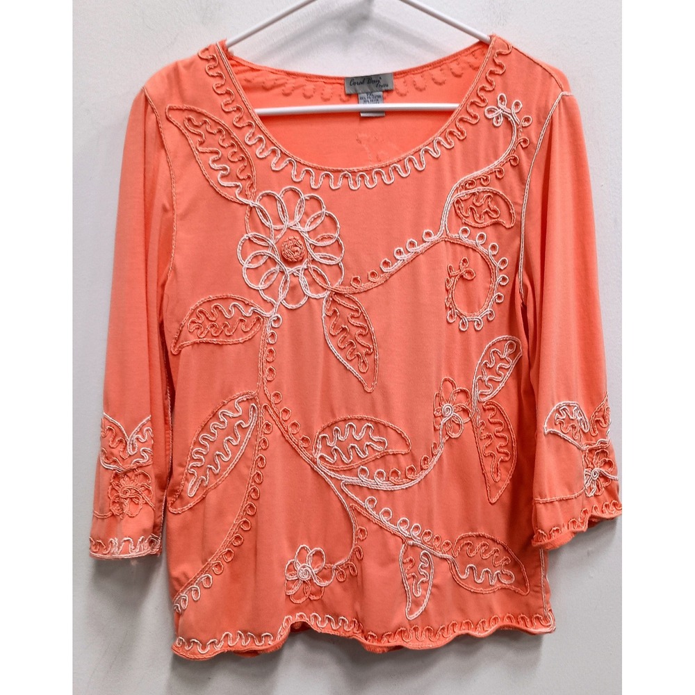 Coral Bay BOHO Top Womens PXL Coral Pink Embroidered Floral 3/4‎ Sleeve